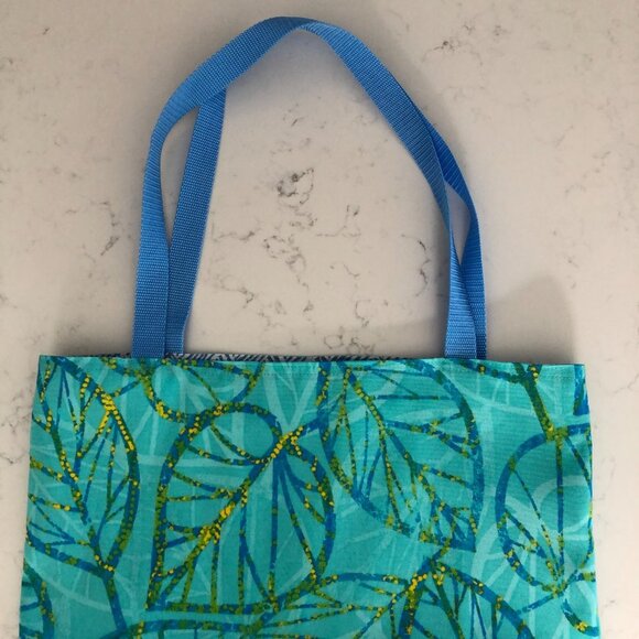 Hand Crafted Reversible Fabric Utility Tote Bag Leaf Print/Geo Blue Sz OS NWOT - Picture 4 of 9